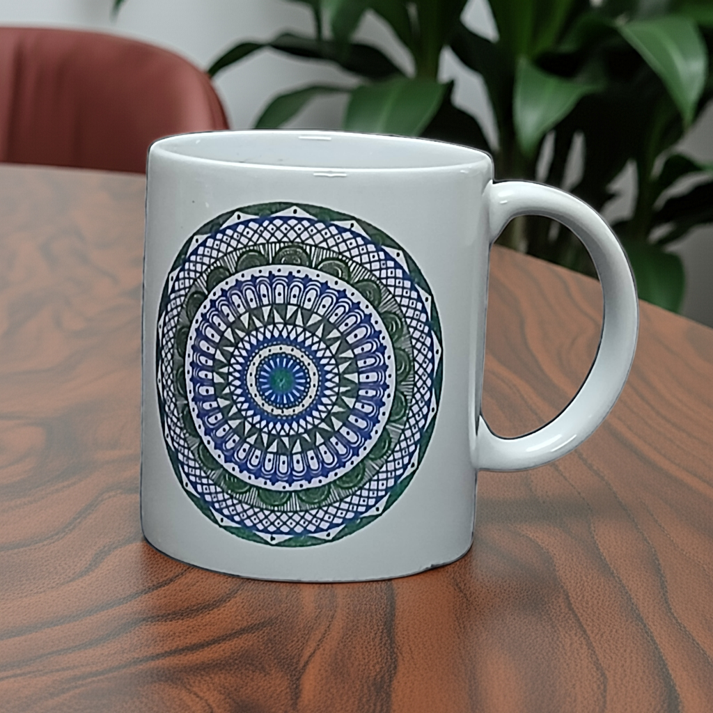 Blue and Green on White Mandala Coffee Mug