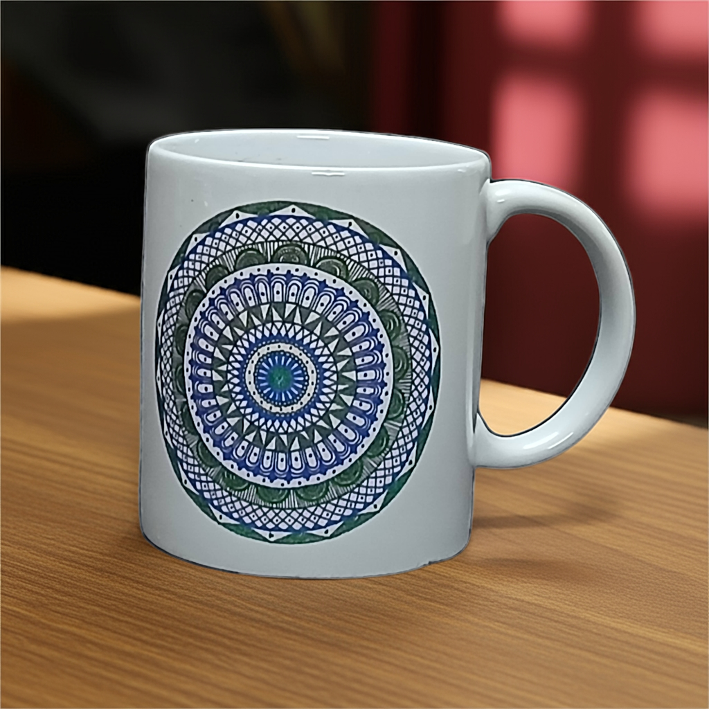 Blue and Green on White Mandala Coffee Mug