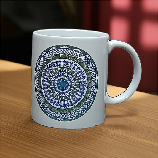 Blue and Green on White Mandala Coffee Mug